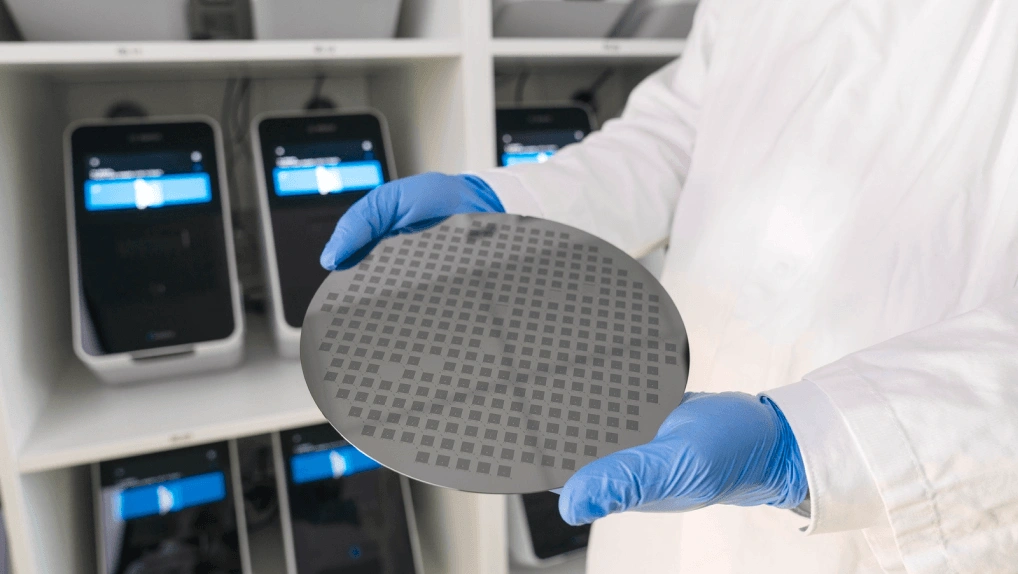 Eine Person in einem weißen Laborkittel und blauen Einweghandschuhen hält einen runden Silizium-Wafer, auf dem zahlreiche Mikrochips zu sehen sind. Im Hintergrund befinden sich medizinische Analysegeräte.